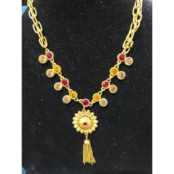 Victorian Inspired ROSA FLORES Gold tone Red and orange Pendant Necklace - Picture 2 of 12